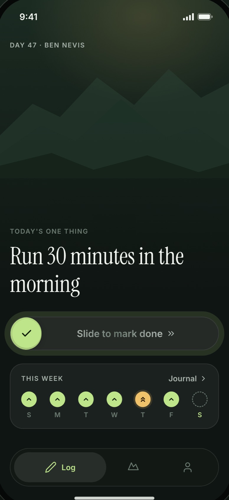 OneToRise screenshot: today's one thing, 'Run 30 minutes in the morning', with the week's progress