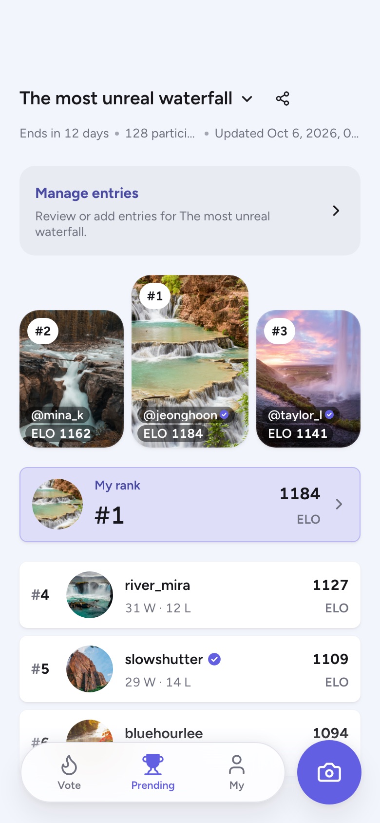 Prend screenshot: the season leaderboard with the top three photos