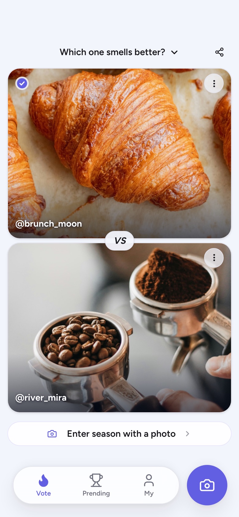 Prend screenshot: vote between two photos for 'Which one smells better?'